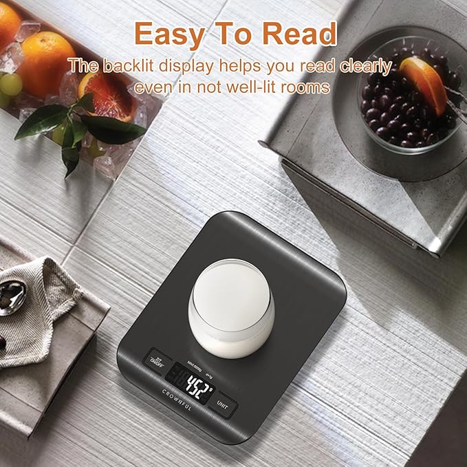 CROWNFUL Food Scale, 11 lb Digital Kitchen Scales with Built-in Coin Battery, Weight Ounces and Grams for Cooking and Baking, 6 Units with Tare Function, LCD Display, 304 Stainless Steel, Black