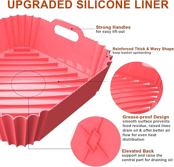 Large Silicone Air Fryer Liners Square 5-9 QT, 7.9 Inch Airfryer Liners Reusable Air Fryer Silicone Liners Pot Oven Liner Baking Tray, Air Fryer Basket Silicone Mat Bowl Air Fryer Accessories, 2 Pack