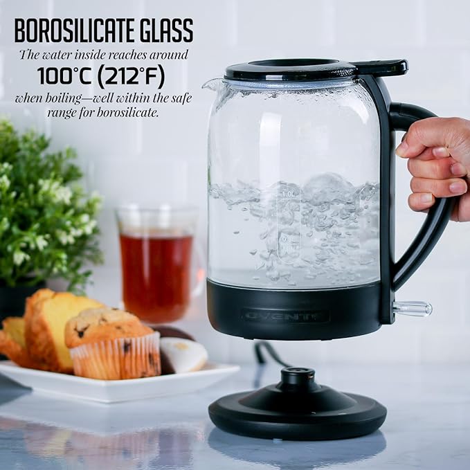 OVENTE Electric Kettle with 1.5L Borosilicate Glass, 1500W Fast Boiling Water Heater for Coffee or Tea, Easy to Fill Lid, Auto Shut-Off, Boil-Dry Protection & Stainless Steel Filter, Black KG516B