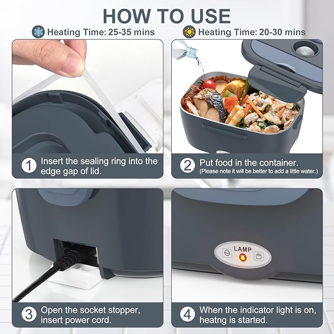 Electric Lunch Box Food Heater, 3 in 1 Ultra Quick Heated Lunch Boxes for Adults, 12V/24V/110V Portable Food Warmer for Car/Truck/Office With Fork Spoon and Insulated Carry Bag