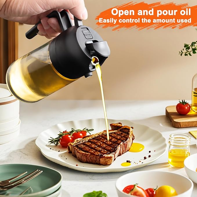 2 in 1 Glass Oil Sprayer & Dispenser,16oz/470ml Olive Cooking, Air Fryer, and Salad, for Kitchen Gadgets and Air Fryer Accessories, w/Stickers (Black + White Bottle 2)