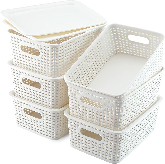 AREYZIN Plastic Storage Baskets With Lid Organizing Container Lidded Knit Storage Organizer Bins for Shelves Drawers Desktop Closet Playroom Classroom Office, White, 6 Pack