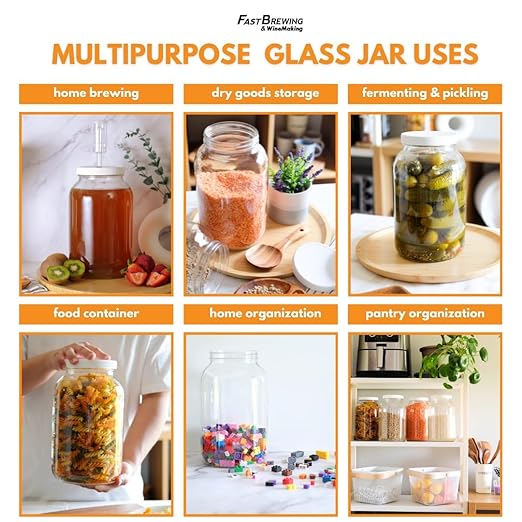 FastRack 1 Gallon Mason Jar with White Airtight Lid (Pack of 4) | Regular Glass Canisters with Airtight Lids | Large Mouth Glass Jar for Food Storage, Canning, Fermentation, Pickling