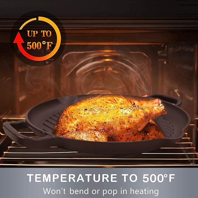 Pre-Seasoned Cast Iron Griddle Pan - 12.6 Inch Round Grill Pan with Dual Handles for BBQ and Stove Top Cooking