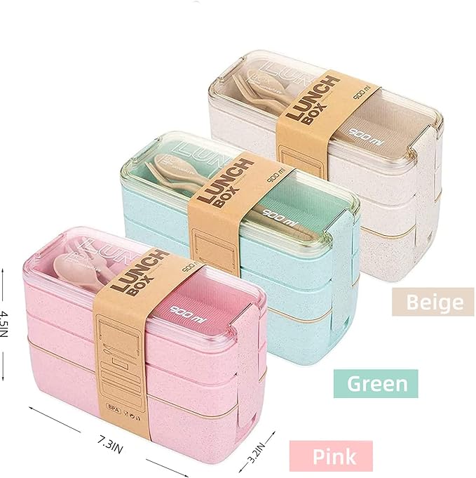 Rarapop 2 Pack Stackable Bento Box Japanese Lunch Box Kit with Spoon & Fork, 3-In-1 Compartment Wheat Straw Meal Prep Containers for Kids & Adults (Pink/Beige)