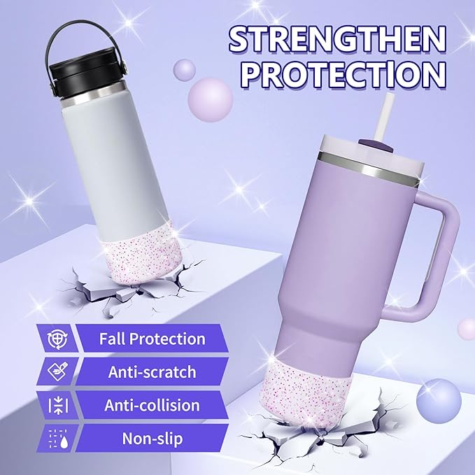 WUQID 2 Pack Bling Silicone Boot Compatible with Stanley Quencher Adventure 40oz & Stanley IceFlow 20oz 30oz, Reduces Dents Protective Silicone Water Bottle Bottom Cover Sleeve