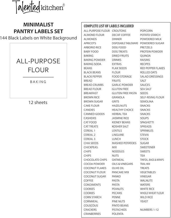 Talented Kitchen Pantry Labels for Containers - 144 Matte Vinyl Stickers, 2.5 x 2.5 in, Black on White, Water Resistant - Food Labels & Ingredient Stickers for Spice Jars & Baking Organization