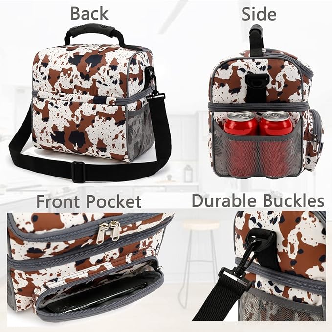 FlowFly Double Layer Cooler Insulated Lunch Bag Adult Lunch Box Large Tote Bag for Men, Women, With Adjustable Strap,Front Pocket and Dual Large Mesh Side Pockets