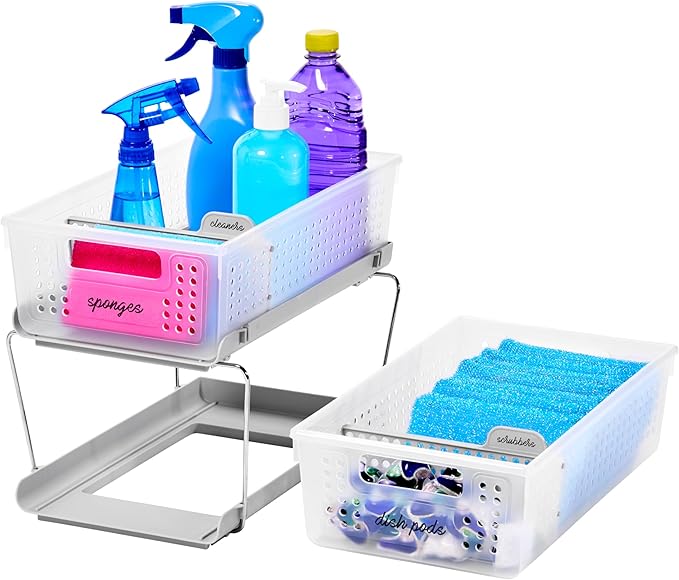 madesmart 2-Tier Organizer, Slide-Out Storage for Home and Bath, Frost