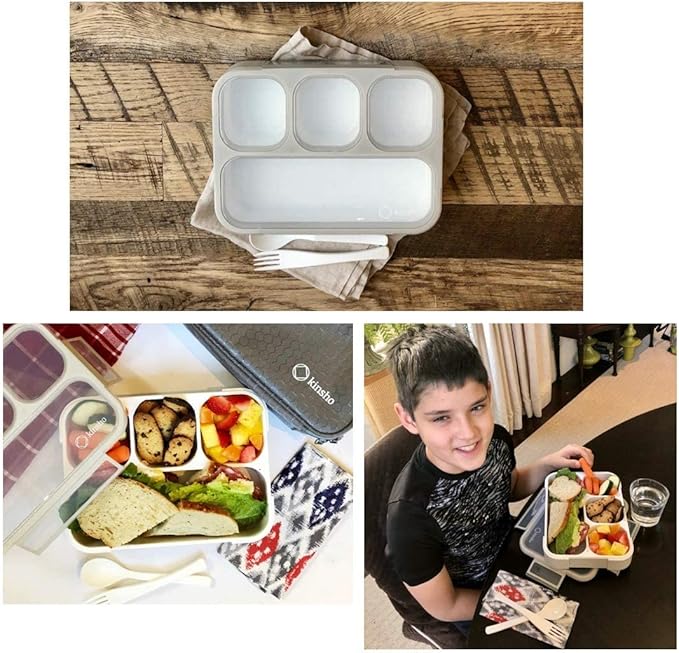 kinsho Bento Lunch Box Container for Kids Adults, Portion Control Meal Prep and Snack Containers, Japanese Style Boxes with 4 Compartments for Boys Girls Teens, School Work and Travel | Grey