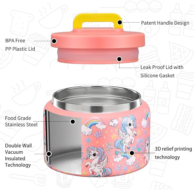 MAISON HUIS 8oz Soup Thermo Wide Mouth Vacuum Insulated Thermo Food Jar, Leak Proof Stainless Steel Thermo for Hot&Cold Food Kids Food Lunch Soup Container for School Travel (Pink-Rainbow