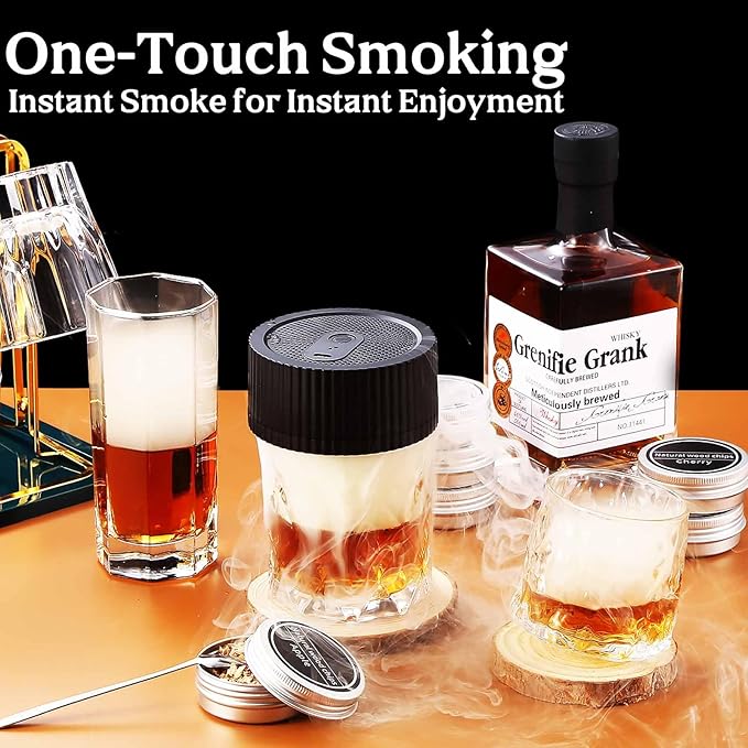 Electric Whiskey Smoker Kit Rechargeable Cocktail Smoker with 6 Wood Chips, No Butane Needed, Mens Gift for Whiskey Lovers, Old Fashioned Smoker Kit for Men, Bourbon Smoker Kit