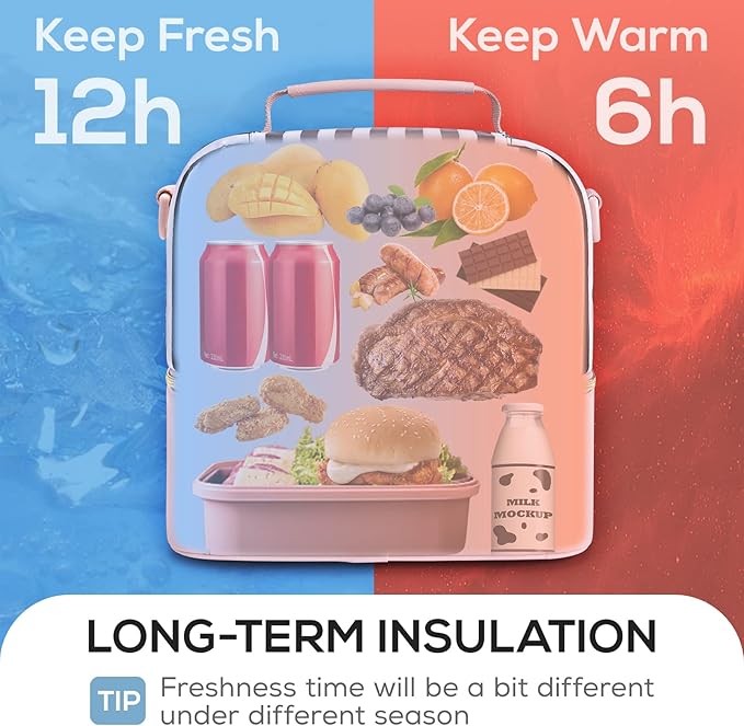 TOURIT Lunch Bag Women Double Deck Lunch Box Insulated Lunch Cooler for Women Men Work, Pink Stripes