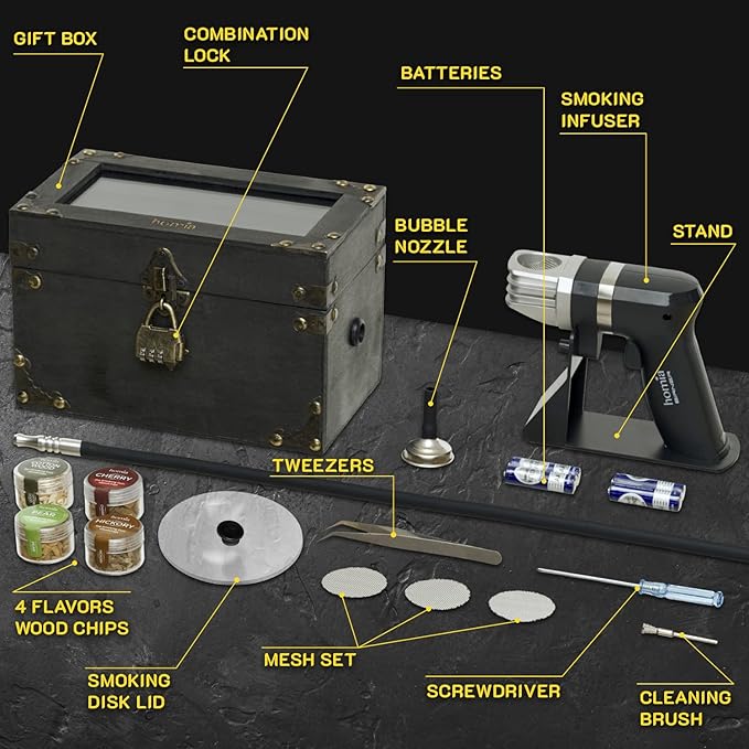 Cocktail Smoker Kit - Whiskey Smoker Kit - Smoke Infuser Birner PRO - Smoking Box, 12 PCS, with Accessories and Wood Chips - Cold Smoke for Food and Drinks, Black - Gift for Men