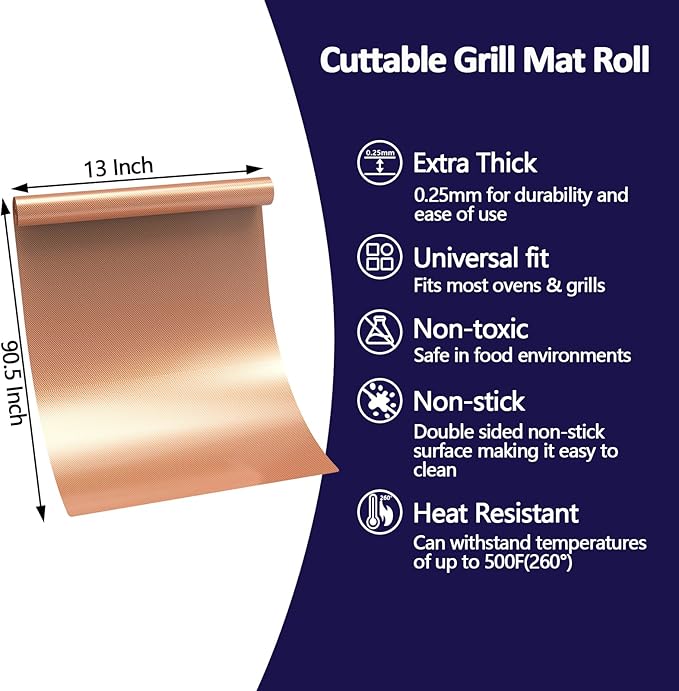 UBeesize 13x90 Inch Copper Grill Mats Roll for Outdoor Grill- Heavy Duty Non-Stick BBQ Grilling Mat & Oven Liner, Reusable, Easy to Clean - Cut to Custom Fit Oven, Gas, Charcoal, and Electric BBQ