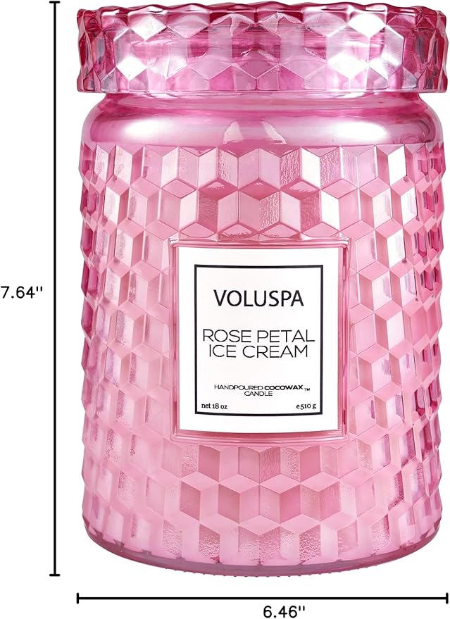 Voluspa Rose Petal Ice Cream, Large Candle Jar, 18 Ounce, 100 Hour Burn Time, Coconut Wax for Clean Burning, Handcrafted in The USA