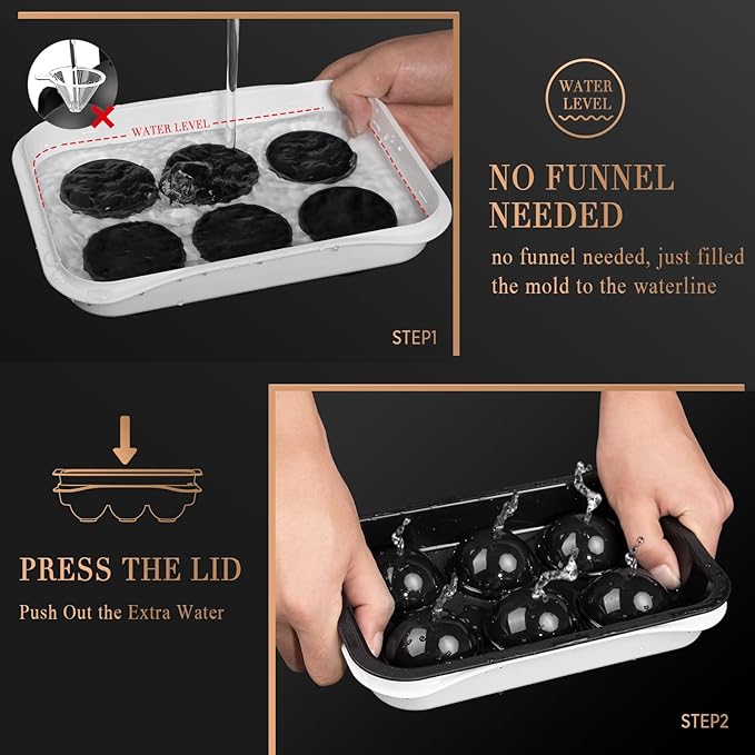Whiskey Ice Ball Maker, [Fill without Funnel & Easy Release] 2.2'' Round Large Iced Cube Trays with Cover, Reusable Sphere Silicone Ices Tray with Lids for Bourbon, Gift for Brandy Lover