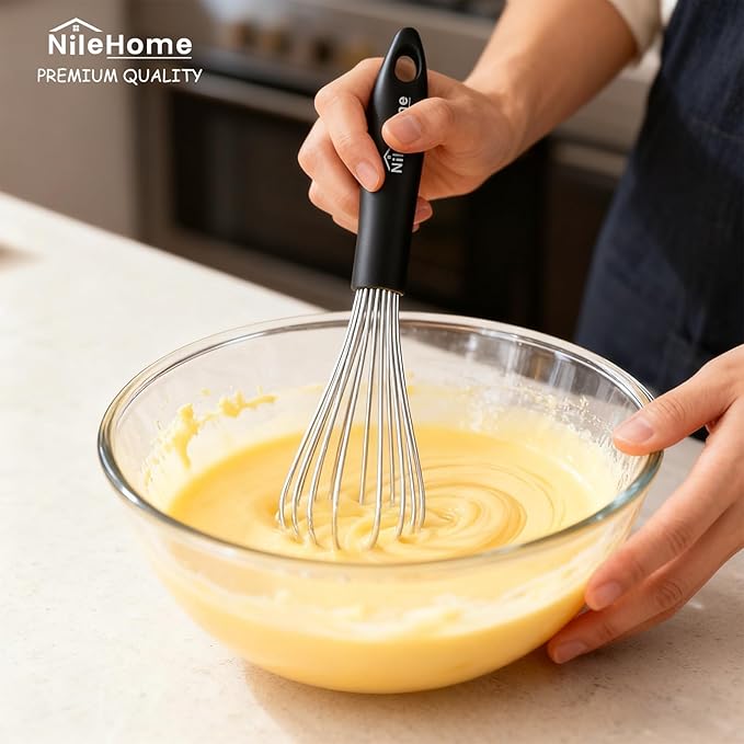 NileHome Silicone Whisk Set 8" 10" 12", 3 Pack Kitchen Whisk Kitchen Wisk Wire Whisks for Cooking, Whisking, Blending, Beating, Stirring-Black Silver