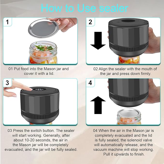 Electric Mason Jar Vacuum Sealer, Auto Stop Mason Jar Vacuum Sealer Kit for Wide Mouth and Regular Mouth canning lids with Food Storage Labels for Freshness and Preservation