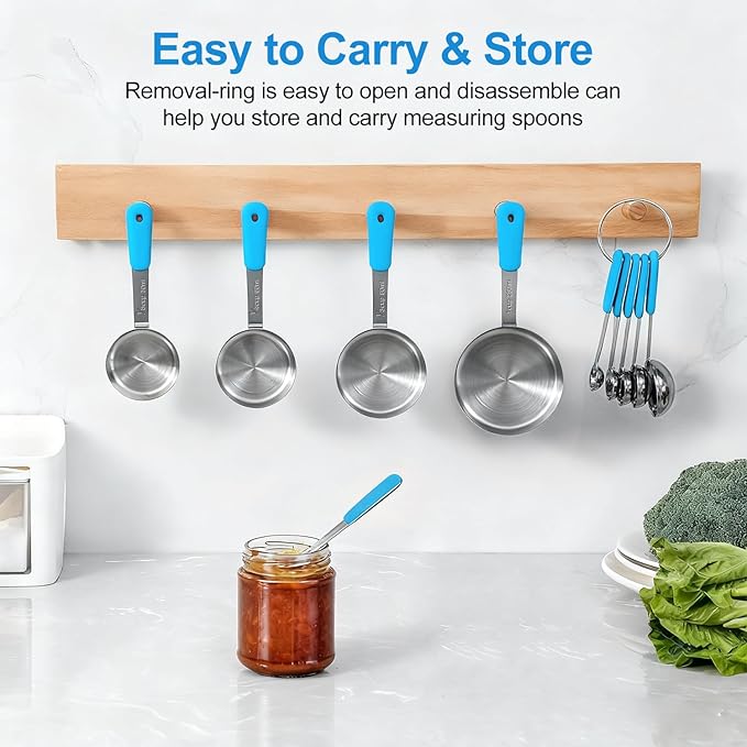 Measuring Cups and Spoons Set Stainless Steel 10 Piece for Cooking and Baking (5 Cups + 5 Spoons, Light Blue Handle)