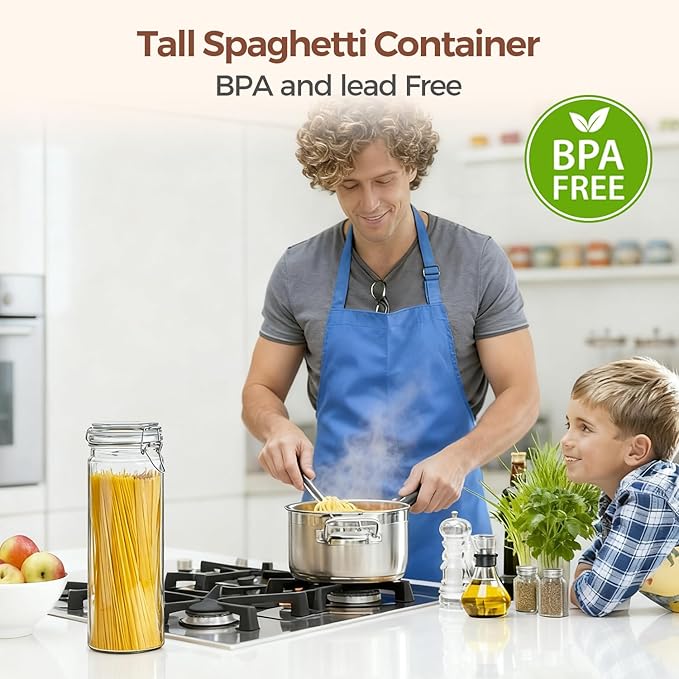 ComSaf 60oz Airtight Glass Jars Set of 3 with Lids Food Storage Jar Round - Tall Spaghetti Container with Clear Preserving Seal Wire Clip Fastening, Pasta jar for Kitchen Canning, Nut,Oat, Dry Goods