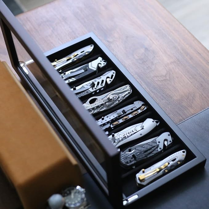 Knife Display Case Organizer storage 8 pocket knives, Folding Knife Holder with Real Glass Window Top， Pocket knife collection box for men gift (Ebony Veneer 8 slot)