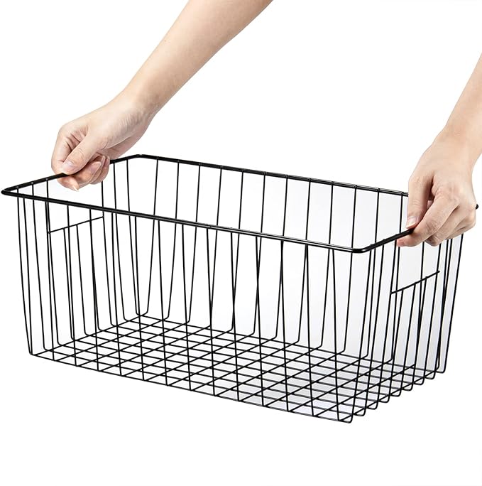 16inch Freezer Wire Storage Organizer Baskets, Household Refrigerator Bins with Built-in Handles, Black, 6PACK