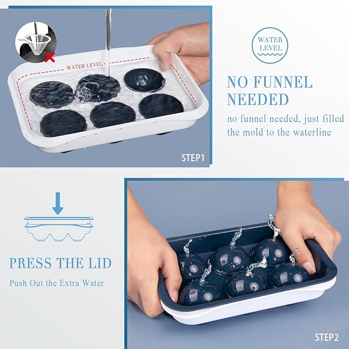 Whiskey Ice Ball Maker, [Fill without Funnel & Easy Release] 2.2'' Round Large Iced Cube Trays with Cover, Reusable Sphere Silicone Ices Tray with Lids for Bourbon, Gift for Brandy Lover