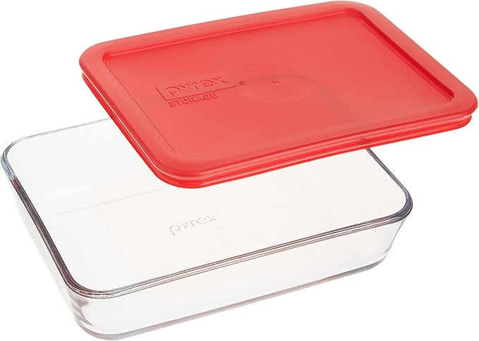 Pyrex 3-Cup Single Rectangular Food Storage Container with Lid, Non-Toxic, BPA-Free Lid, Tempered Non-Pourous Glass, Microwave, Dishwasher, Freezer and Oven Safe, Red (Pack of 2)