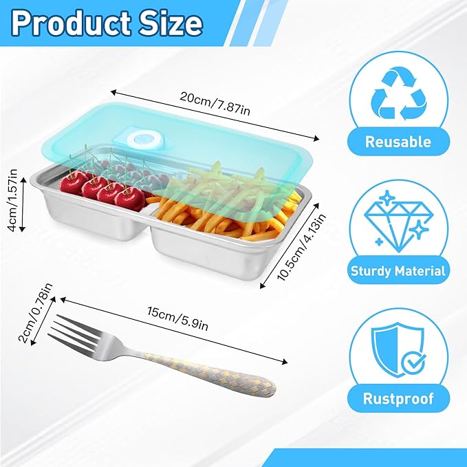 4 PCS Stainless Steel Snack Containers with Lids, Reusable Double Compartment Grab and Go Bento Lunch Box for Adult (4 Snack Containers+4 Forks)