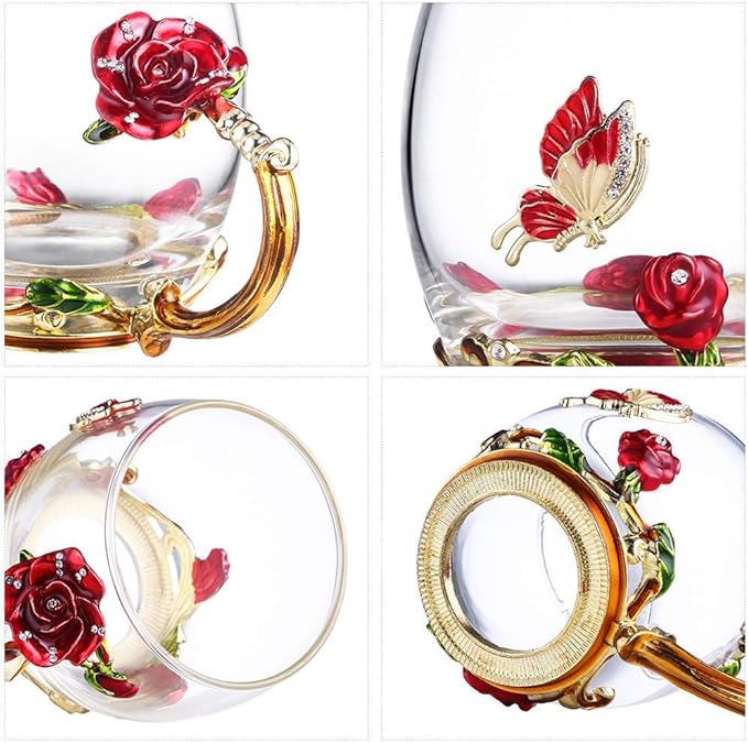 Handicraft Crystal Glass 3D Flower Cups Tea Mug With Tea Spoon Women Coffee, Tea, Juice, Beer, Milk Hot And Cold Drinks Use Gift Package. (Rose Red Coffee Cup, 11 OZ)