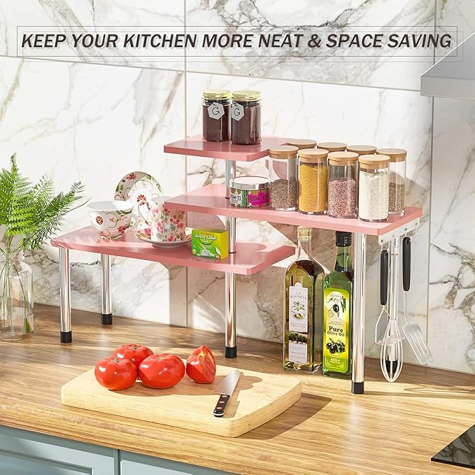 ZHWS Bathroom Counter Organizer Corner Shelf – Bathroom Organization Bamboo 3 Tier Spice Rack Makeup Organizer Bookshelf Space Saving Rack Kitchen Office Living Room (Pink)