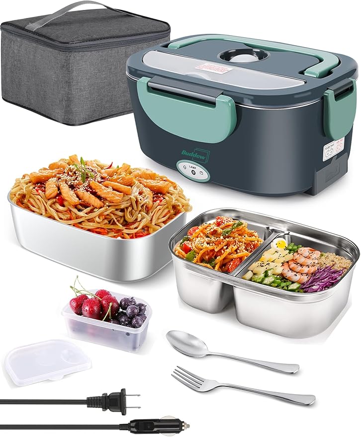 Buddew Electric Lunch Box for Adults, 80W Heated Lunch Box with Dual 1.5L Stainless Steel Portable Food Warmer,12/24/110V Lonchera Electrica Portatil for Travel&Work, Loncheras para Hombres de Trabajo