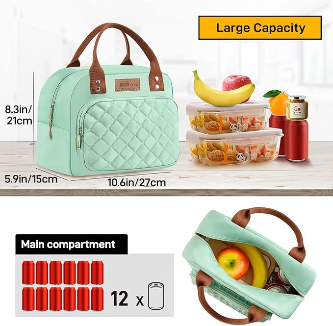 HOMESPON Lunch Bag for Woman Man Adults with Front Pocket Insulated Lunch Tote Lunch Box Container for Work Picnic or Travel(Green)