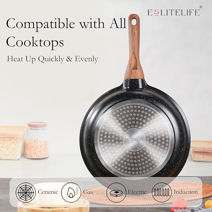 ESLITE LIFE Nonstick Ceramic Frying Pans Skillets Set, Non-Toxic Egg Omelette Kitchen Cooking Pans Compatible with All Stovetops (Gas, Electric & Induction), PTFE & PFOA Free (Black)