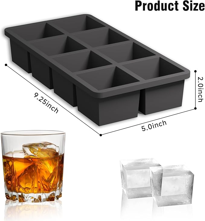Samuelworld Large Silicone Ice Cube Tray Molds, Big 2 Inch Cubes 3 Pack - Food Grade, Flexible, 8 Cavity Easy Release Slow Melting Ice for Whiskey, Cocktails, Gifts & Christmas - Black (With Lid)