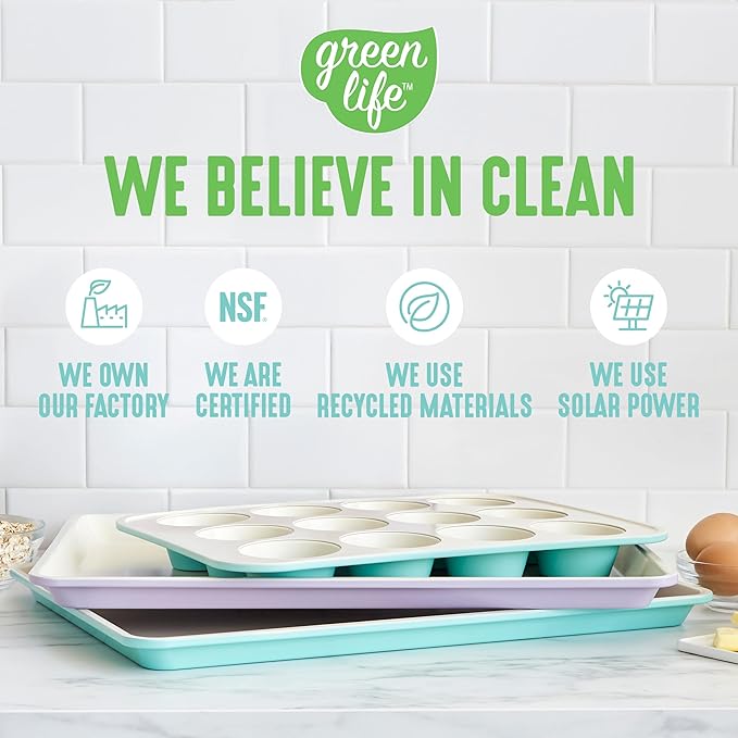 GreenLife 12-Cup Muffin Pan, PFAS-Free Healthy Nonstick Baking Tray, 11.4" x 1.9" x 15.9", Durable Ceramic Bakeware, Cupcakes, Egg Bites, Tarts, Brownies, Turquoise