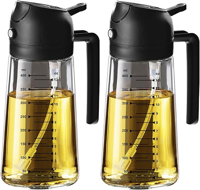 TrendPlain 16oz/470ml Glass Olive Oil Sprayer for Cooking – 2 in 1 Olive Oil Dispenser Bottle for Kitchen Gadgets and Air Fryer Accessories, Salad, BBQ - 2 Black