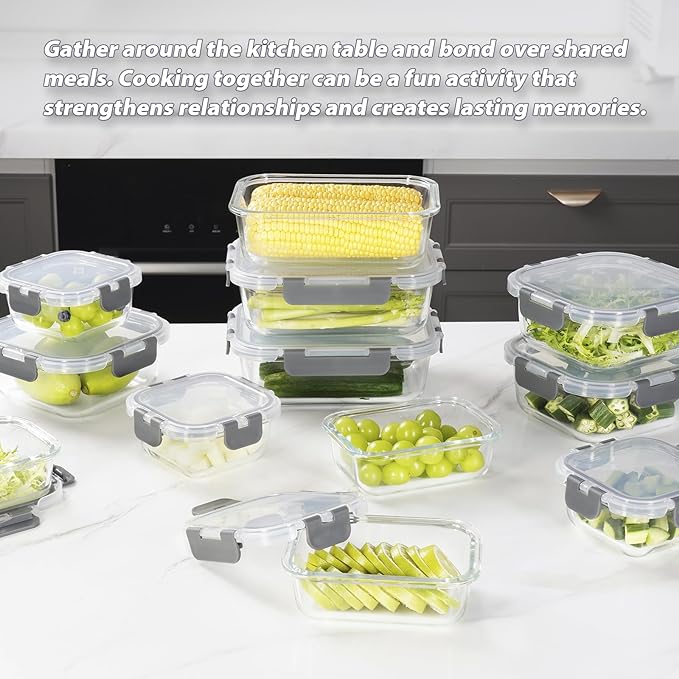 12 Pack Glass Food Storage Containers with Lids, Glass Meal Prep Containers Set with Leak Proof Lids, Airtight Lunch Container for Kitchen, Microwave, Oven, Freezer, Dishwasher Safe, Bpa free