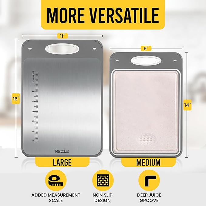 2 Pack Double Sided Stainless Steel Cutting Board Set - 16x11" + 14x9" - Non Slip Chopping Boards for kitchen with Deep Juice Groove, Built-In Measurement Scale, Garlic Grater, & Easy to Clean