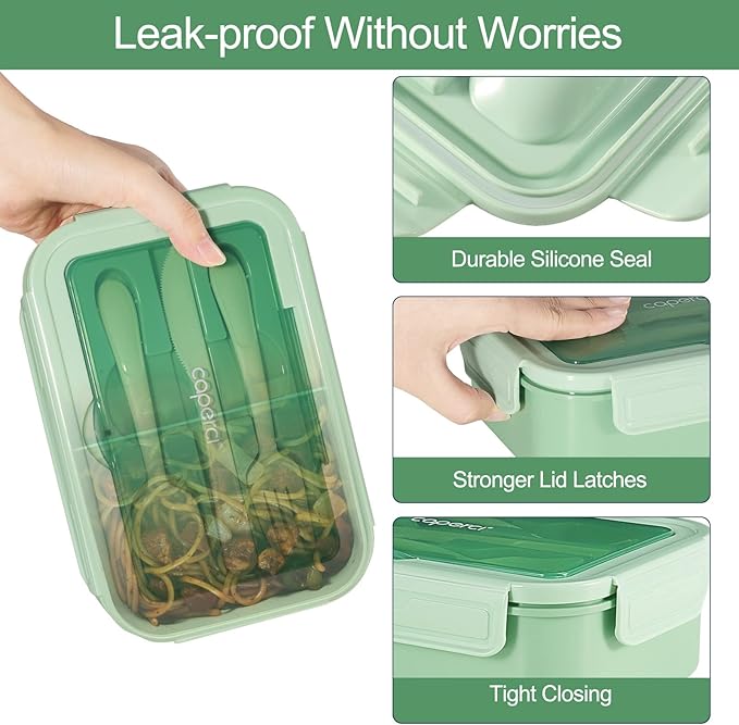 Caperci Classic Bento Box Adult Lunch Box for Older Kids - Leakpoof 47 oz 3-Compartment Lunch Containers for Adults and Teens, Built-in Utensil Set, Ideal for On-the-Go Balanced Eating, Green