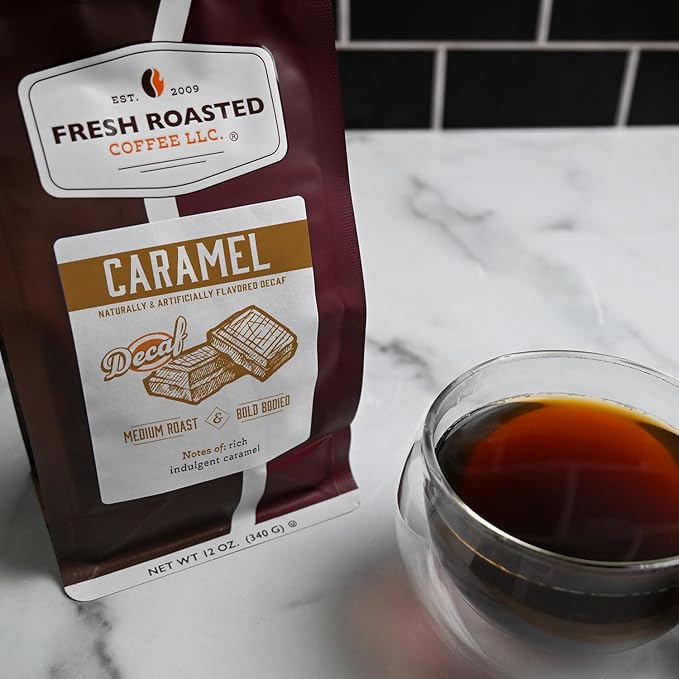 Fresh Roasted Coffee, Decaf Caramel Flavored Coffee, 12 oz, Medium Roast, Kosher, Whole Bean