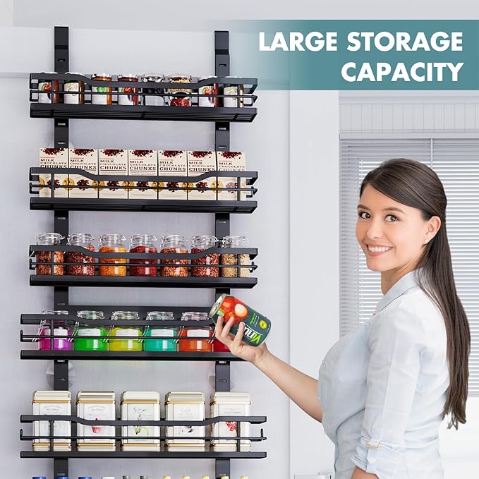 Over The Door Pantry Organizer，9-Tier Over The Door Organizer with Adjustable Basket，Metal Hanging Pantry Organizers and Storage for Kitchen, Back of Door Seasoning Rack (Black)