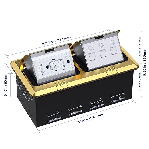 KYHSHJ Dual Pop-Up Floor Electrical Outlet Box Kit，20 Amp Stainless Steel GFCI TR Receptacle Outlet，3-Port RJ45 Datacom Receptacle，Waterproof Gasket with IP44 Waterproof Rating,，ETL Listed, Brass