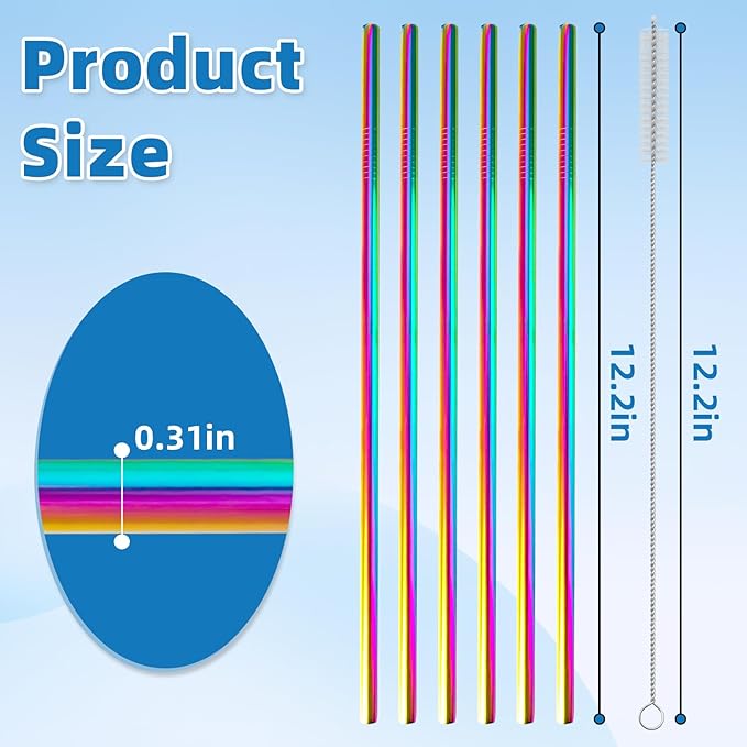 Stainless Steel Straws for Owala Insulated Bottle 40oz Tumbler 6x Metal Replacement Straws 8mm with Cleaning Brush for Owala 40oz (Colorful, 6x Straight 8mm)