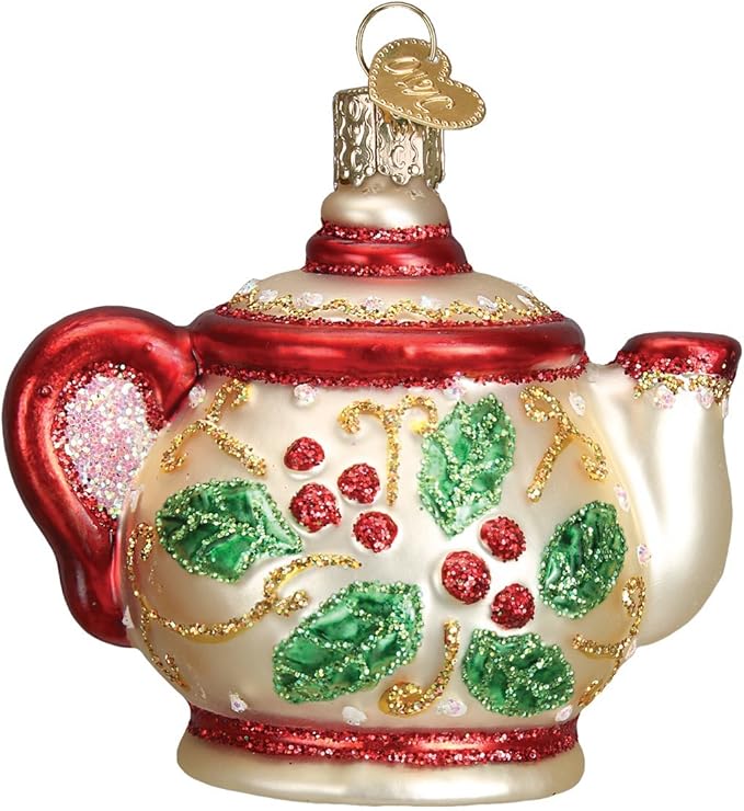 Old World Christmas Ornaments: Coffee and Tea Gifts Glass Blown Ornaments for Christmas Tree, Holly Teapot 3 X 3.25 X 2.25