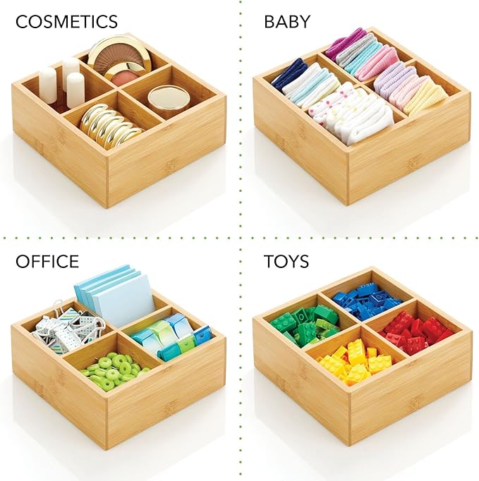 mDesign Bamboo Divided Storage Bin Container, Drawer Organizer Crate Box for Kitchen Pantry Cabinet, Shelf, Island Countertop, Holds Snacks, Spices, Drinks, Echo Collection, Natural/Tan