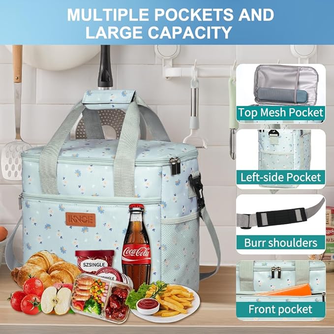 Iknoe Large Cooler Bag Collapsible 24 Can Insulated Bags Leakproof Lunch Cooler Tote with Multi-Pockets for Adult Insulated Thermal Bag for Beach, Picnic, Office Work(Nattier Blue)
