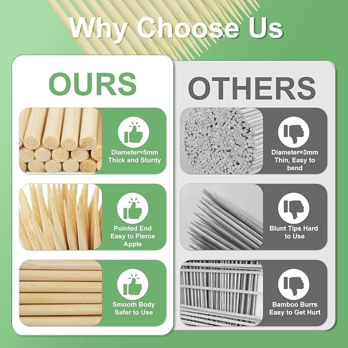 Bamboo Candy Apple Skewer Sticks Semi Pointed, 5mm 5.5inch Cotton Rock Candy Caramel Lollipop Sticks, Natural Wooden BBQ Barbecue Skewer for Corn Dog 50 PCS