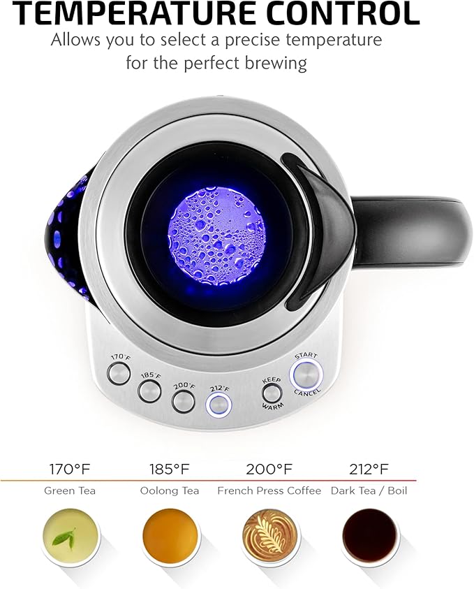 OVENTE 1.7L Electric Tea Kettle with Removable Infuser, Variable Temperature Control, Keep Warm Function, 1500W Fast Heating Water Boiler, BPA Free Borosilicate Glass & Easy to Fill Lid, Silver KG733S